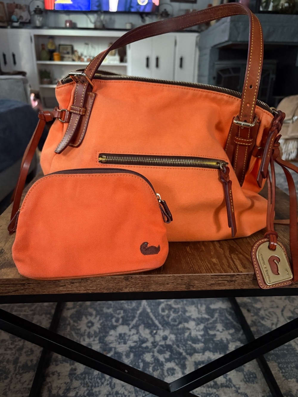 Dooney & Bourke Orange Canvas Shoulder Bag with Leather Trim and Pouch